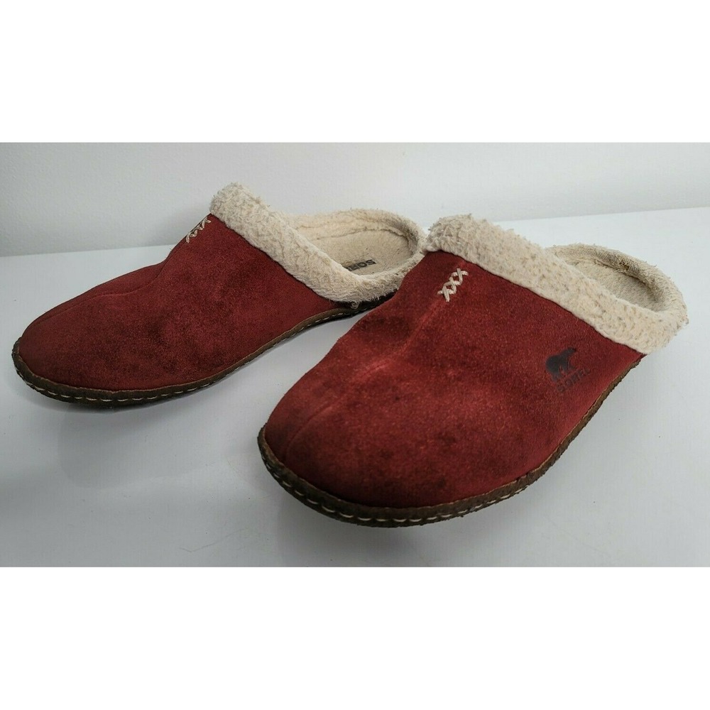 SOREL Slippers Size 8 Red Burgundy Nakiska Slides Faux Fur